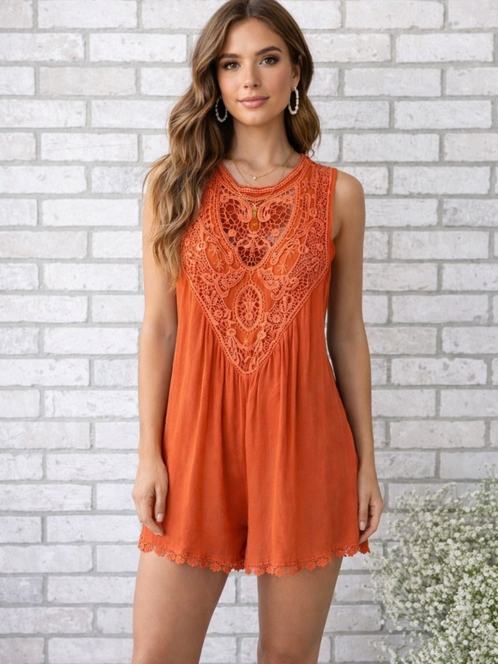 Altar’d State NWT Peach Lace Accent Sleeveless Romper Size M - Picture 15 of 15